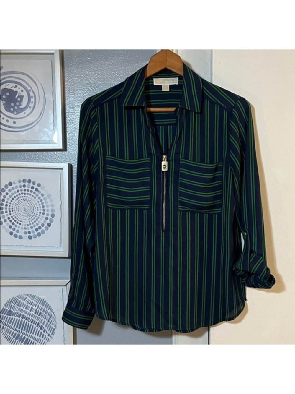 MICHAEL Michael Kors Green and Blue Striped Roll Tab Sleeve Blouse Size M